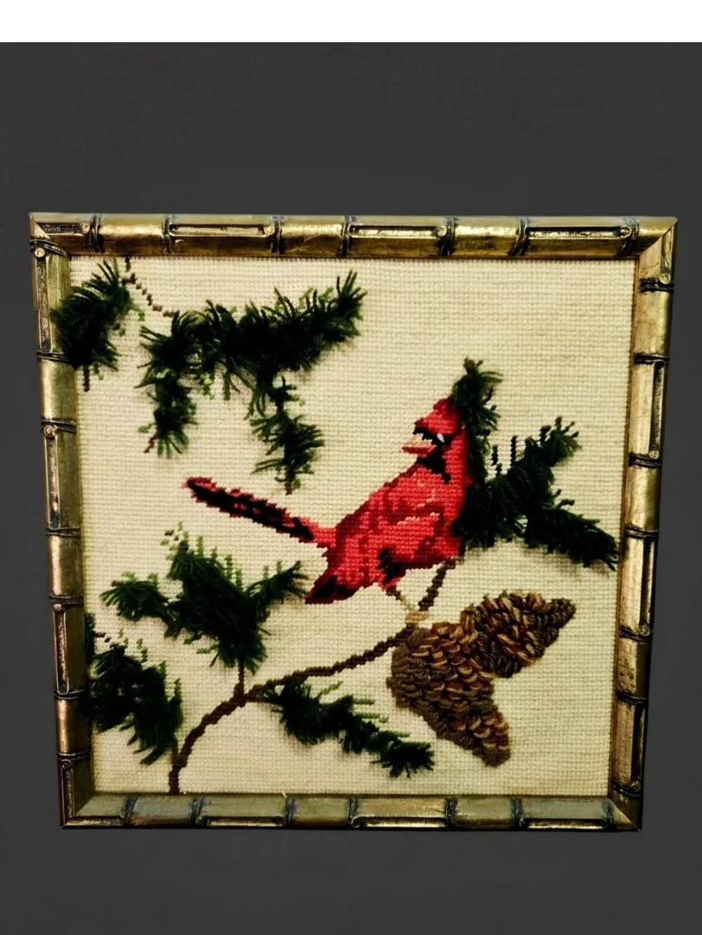 Vintage Crewel Needlework Pair Cardinals 1940's Wool Thread Wood Frame 13